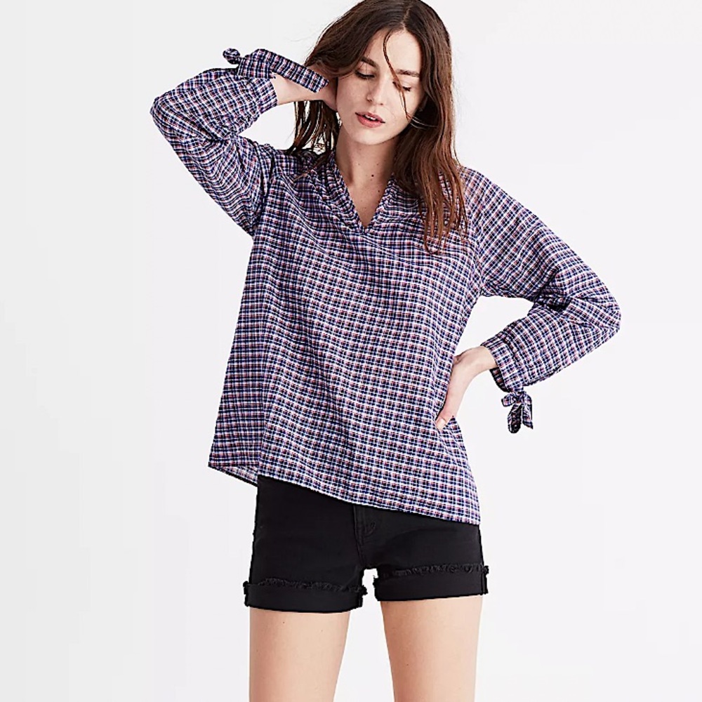 MADEWELL whitby plaid linen blend tie-sleeve popover top size XS like new